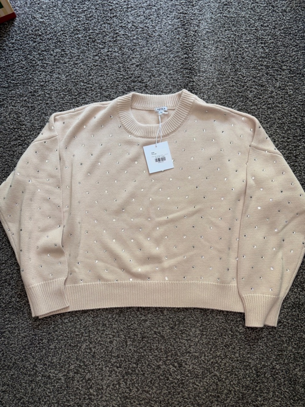 Pistola Steph Crewneck Sweater Crystal Mink Beige Rhinestones NWT Size Large